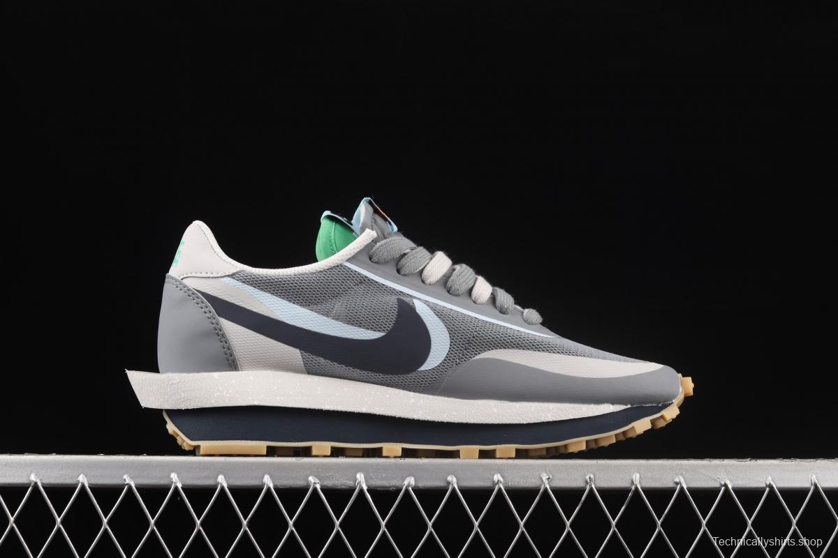 Clot x Sacai x NIKE LDWaffle Cool Grey gray and blue deconstruction tripartite joint name waffle double hook catwalk style casual shoes DH3114-001