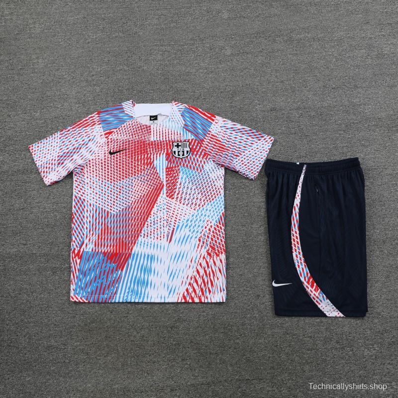 23 24 Barcelona White Red Stripe Short Sleeve+Shorts