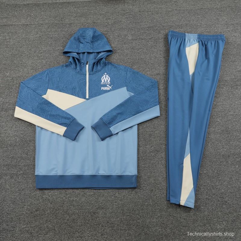 23/24 Olympique Marseille Blue Half Zipper Hoodie Jacket +Pants