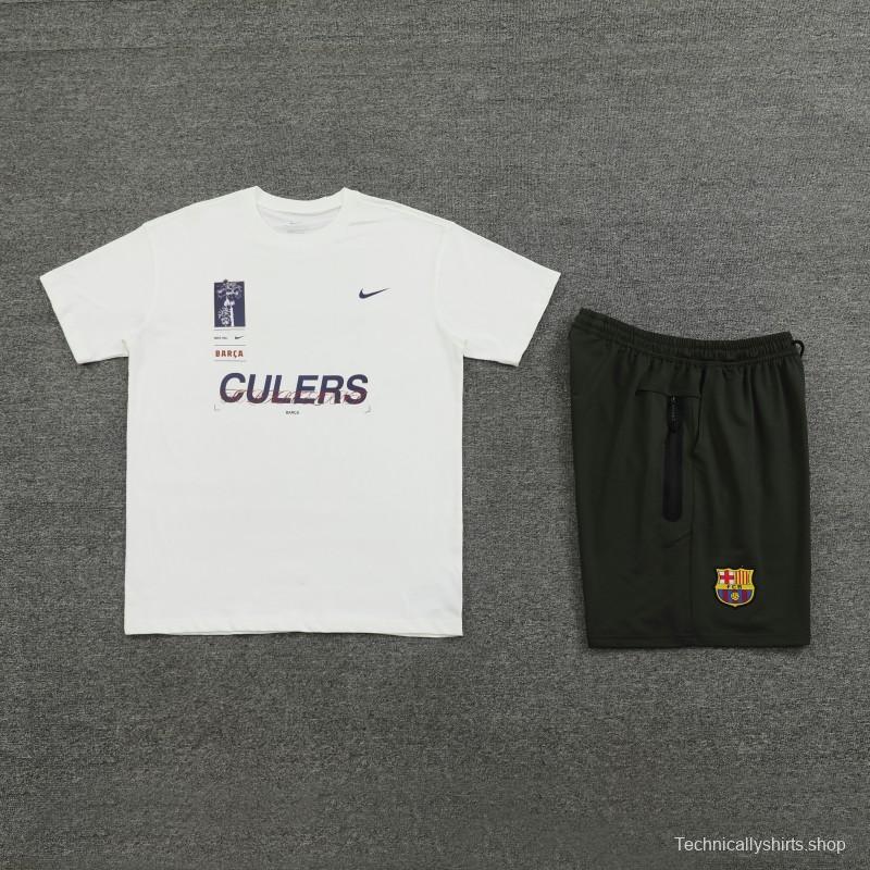 23/24 Barcelona White Cotton Short Sleeve Jersey+Shorts