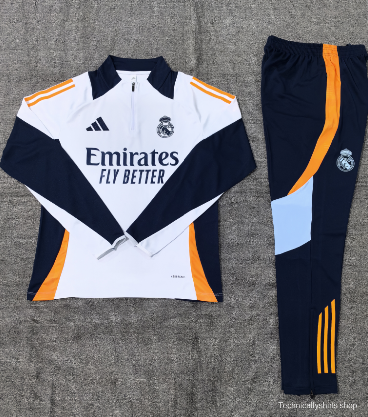 24/25 Kids Real Madrid White Half Zipper Jacket+Long Pants