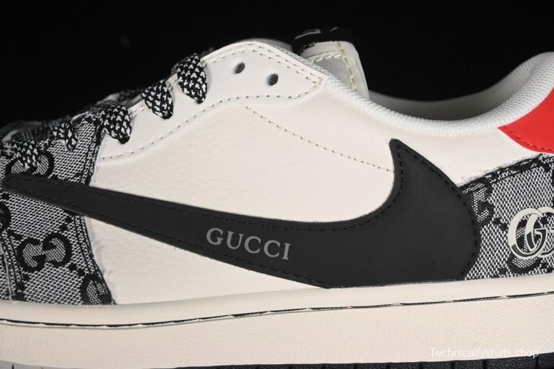 Nike Travis Scott x Fragment Design x Air Jordan 1 Low OG SP AJ1 Gucci Collaboration - Black Grey Pattern Low Top Casual Sneakers - XY2688-117