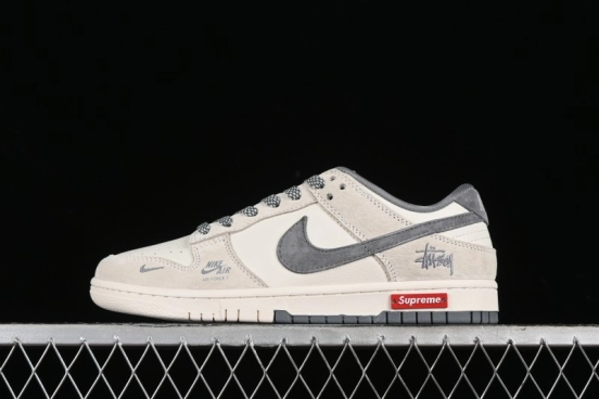 Nike SB Dunk Low x Supreme x Stussy Anniversary Customized Sneakers in Off-White Grey Check - SJ2068-272
