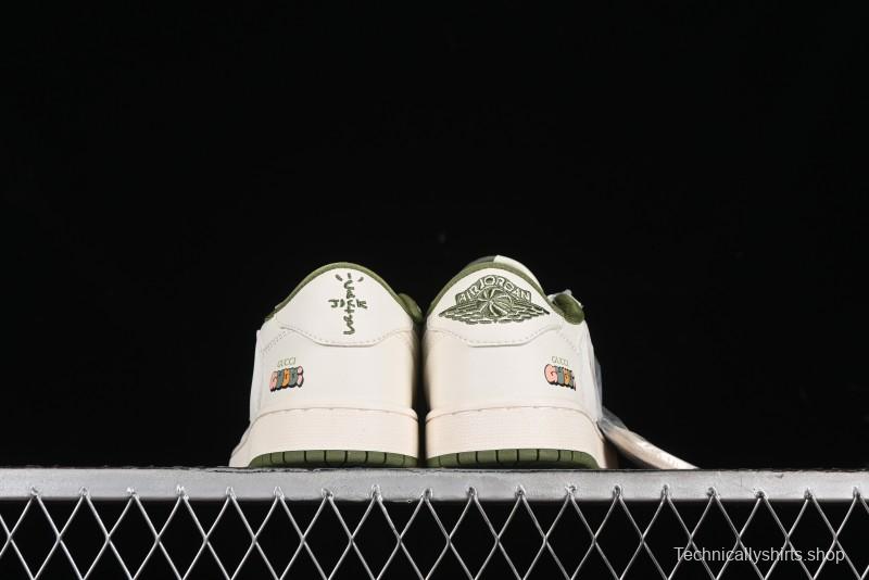 Nike Travis Scott x Fragment Design x Air Jordan 1 Low OG SP AJ1 Retro Sneakers in Off-White & Fresh Green - DM6688-606