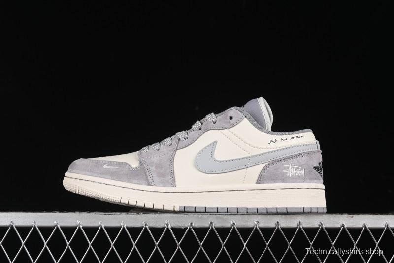 Nike Air Jordan 1 Low Stussy Collaboration - Light Bone Grey Dual-Tone Premium Custom Retro Basketball Shoes - SJ9950-045