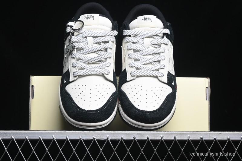 Nike SB Dunk Low Stussy Collaboration - Black White Mini Swoosh Anniversary Custom Low-Top Casual Skate Shoes - XY1688-017