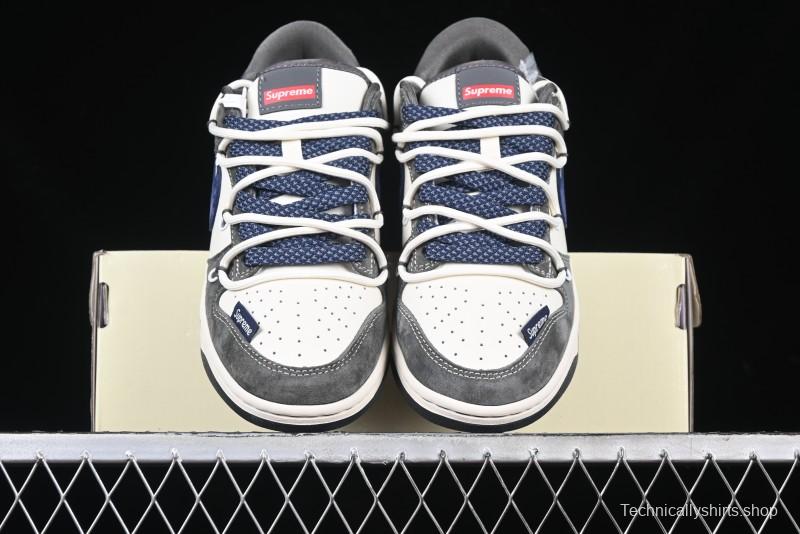 Nike SB Dunk Low Supreme Collaboration - Grey White Blue Swoosh Lace-Up Anniversary Customized Low-Top Casual Skate Shoes - XS1186-100