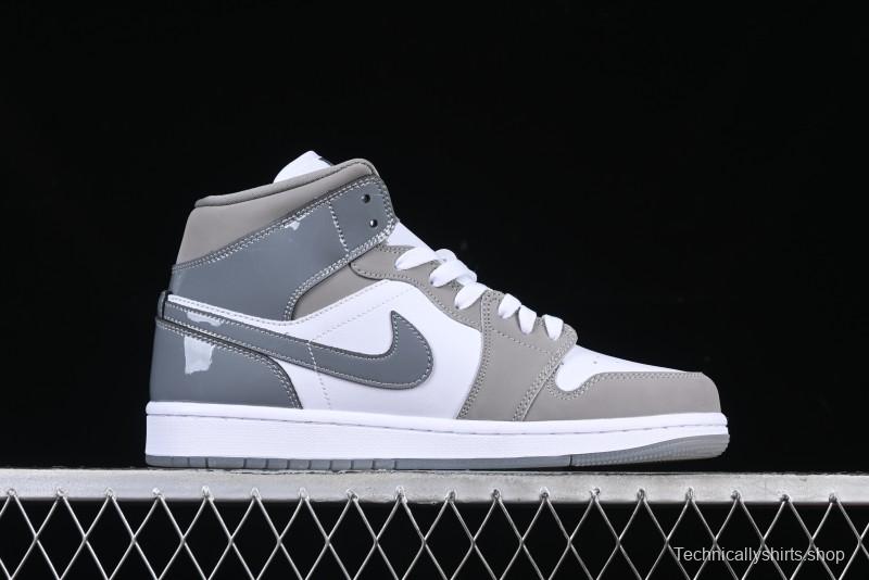 Nike Air Jordan 1 Mid AJ1 High-Top Basketball Shoes in White Grey Patent Leather - HF3216-100