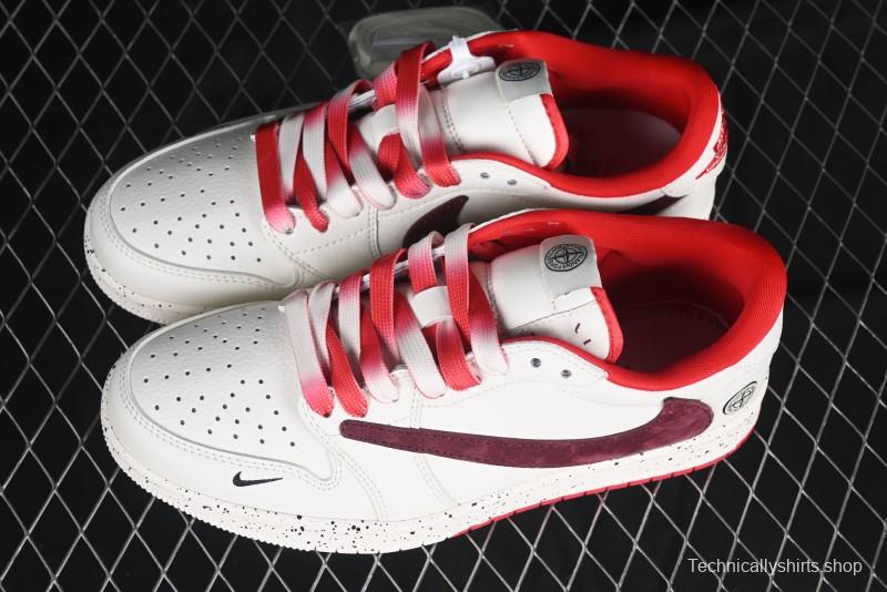 Nike Travis Scott x Fragment Design x Air Jordan 1 Low OG SP AJ1 Stone Island Collaboration Pomegranate Red Low-Top Casual Sneakers - CF3688-077