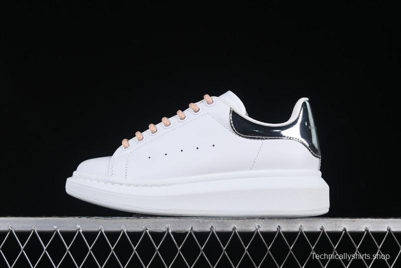 Alexander McQueen Oversized Sneakers with Mirror Silver Heel - White Leather Lace-Up Shoes