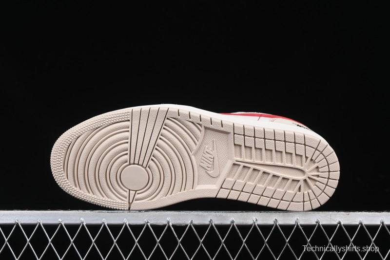 Nike Air Jordan 1 Low Stussy Collaboration Khaki Red Hook Retro Basketball Shoes - SJ9950-040