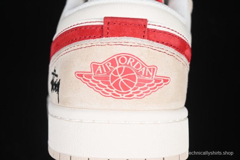 Nike Air Jordan 1 Low Stussy Collaboration Khaki Red Hook Retro Basketball Shoes - SJ9950-040
