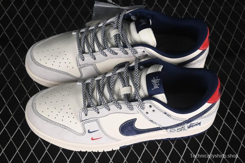 Nike SB Dunk Low Stussy Anniversary Edition Patchwork Navy Swoosh Customized Low-Top Casual Skate Shoes - YX5066-297