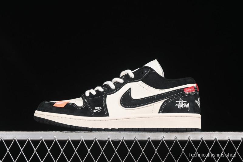 Nike Air Jordan 1 Low Stussy Collaboration Retro Basketball Shoes in Beige Black Yellow - YX5066-302