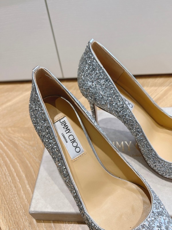 2025 Women Jimmy Choo Silver Glitter Leather Pointed Toe Pumps