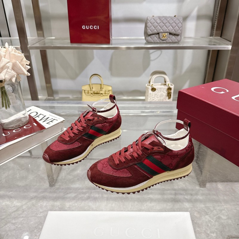 2025 Women Gucci Burgundy Red Suede Fabric Sneakers LY00340