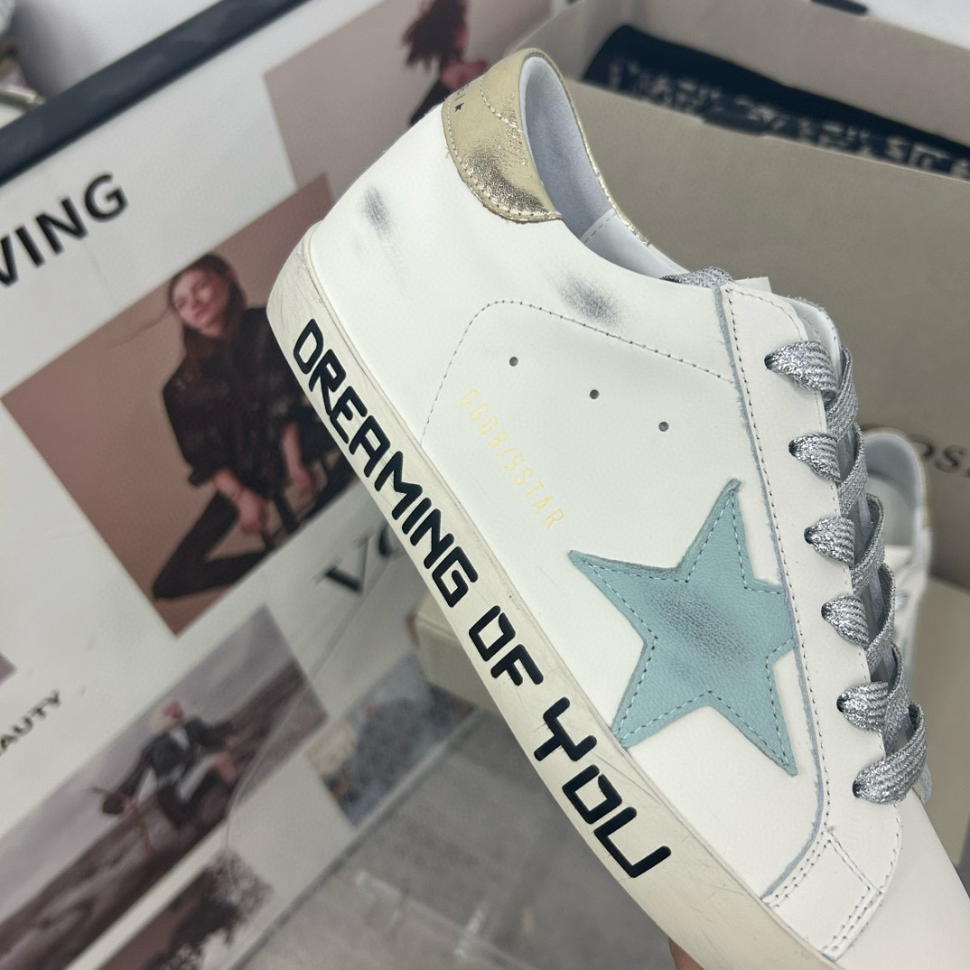 2025 Women GGDB White Blue Leather Sneakers