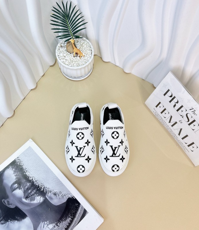 2024 Kids Louis Vuitton White Black Pink Canvas Slip-On Sneakers