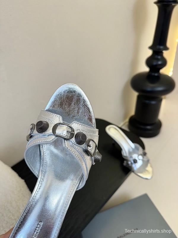 2025 Women Balenciaga Silver Leather High Heel Mules