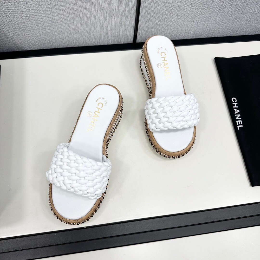 2025 Women Chanel White Leather Wedge Sandals