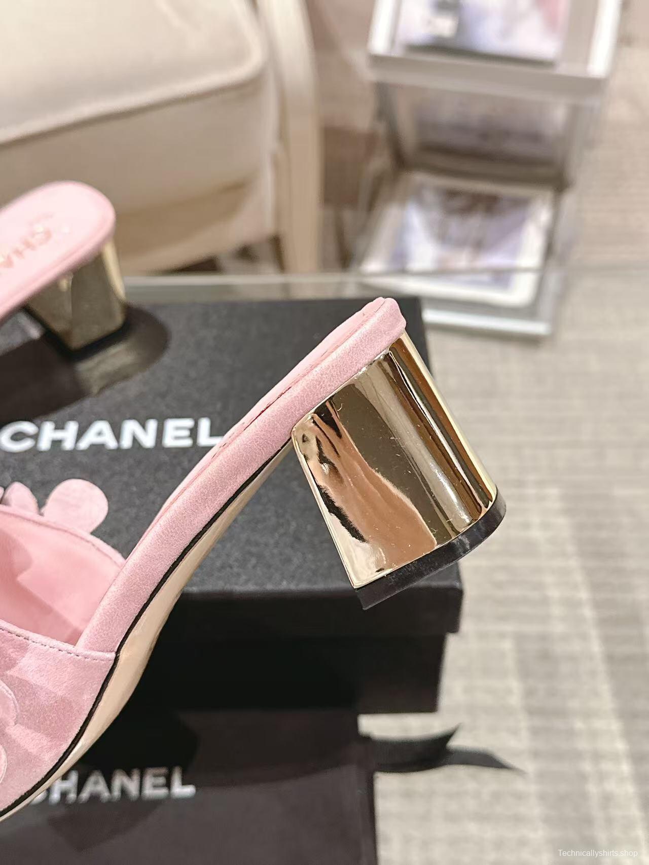 2025 Women Chanel Pink Suede Flower Mule
