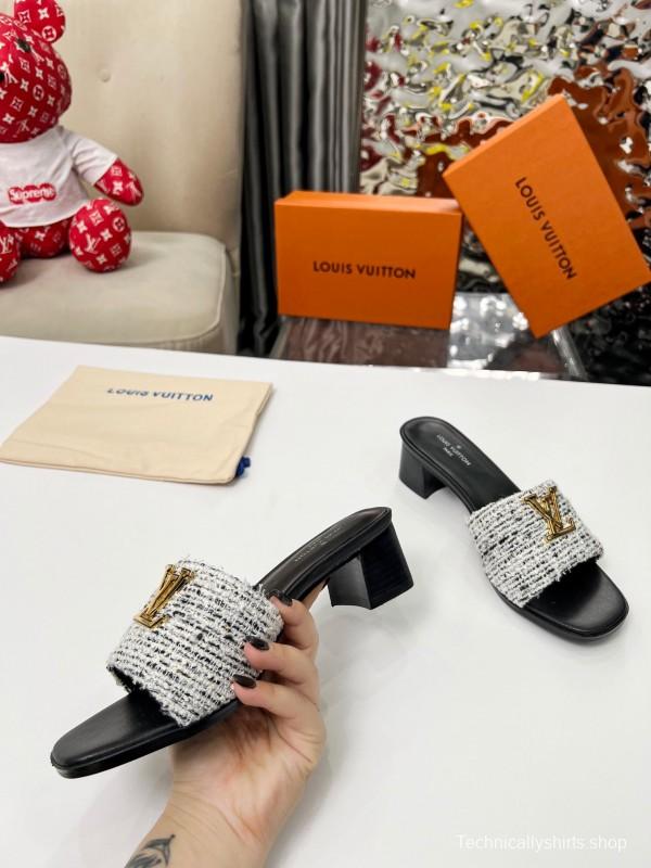 2025 Women Louis Vuitton Black White Tweed Heels LY00220