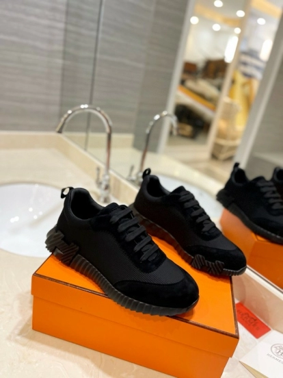 2024 Unisex Hermès Black Imported Glossy Goat Suede Rainproof Fabric Casual Sneakers MJ00320