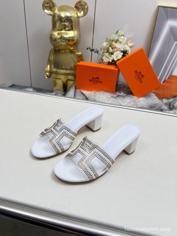 2025 Herme* White Leather Slippers Classic H Pattern MJ00180/215