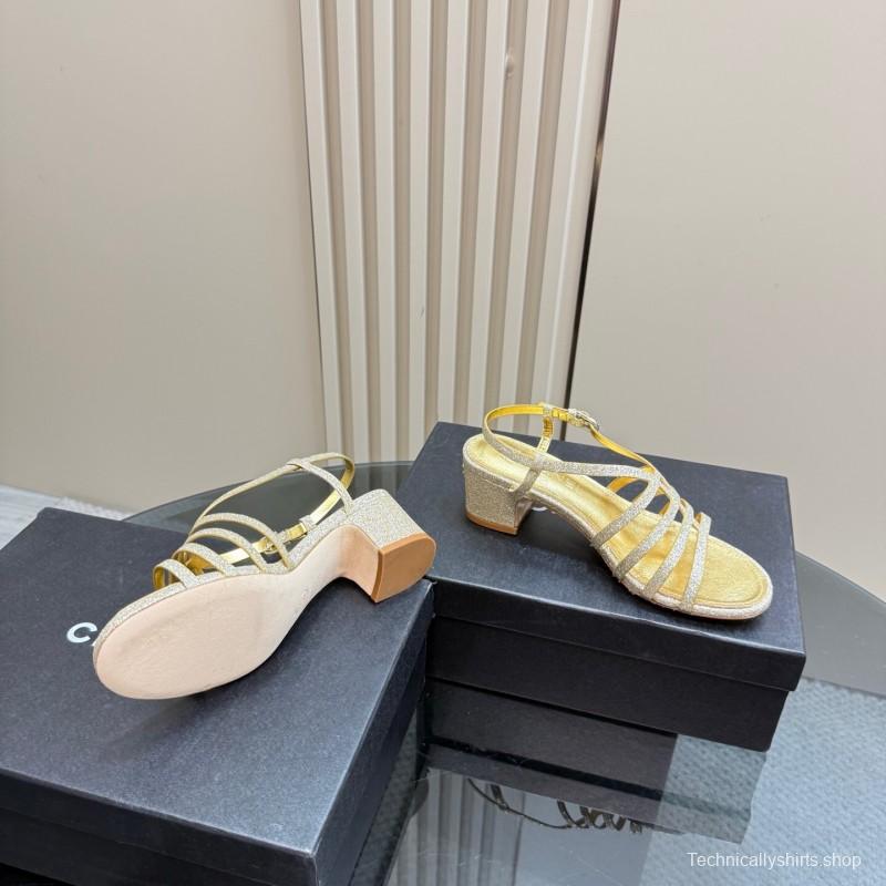 2025 Women Chanel Gold Leather Sandals KFY00290