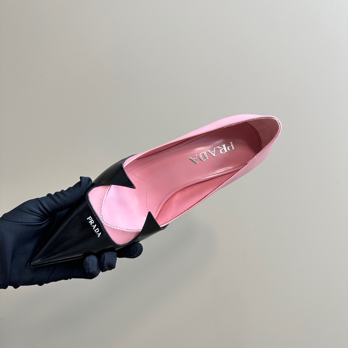 2025 Women Prada Pink Black Leather Pointed Toe Low Heel KFY00310