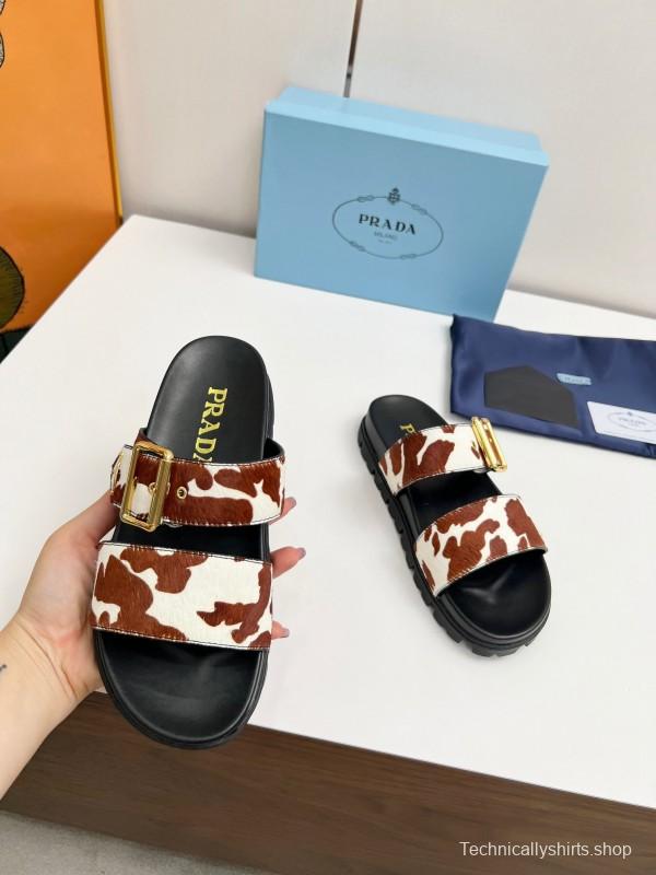 2025 Slippers Prada Brown White Leather Cow Print LY00260