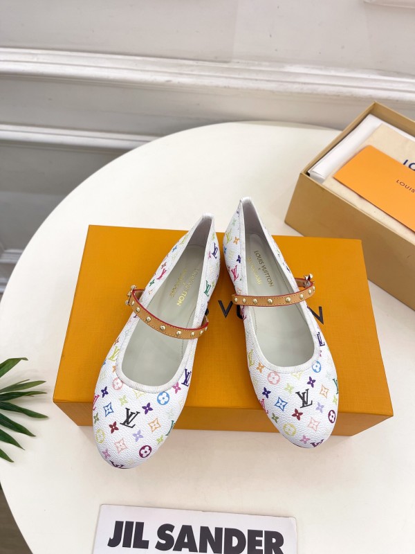 2025 Women Louis Vuitton White Multicolor Leather Ballet Flats KFY00300