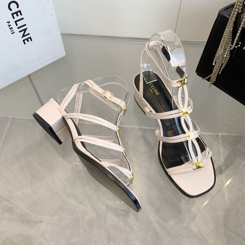 2025 Women CELINE White Leather Sandals Metal Detail KFY00300
