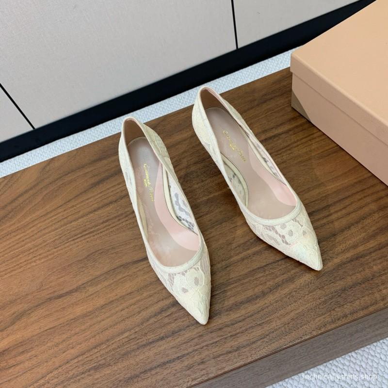 2025 Women Gianvito Rossi White Lace Leather Pumps KFY00280