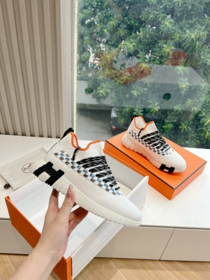 2024 Unisex Hermès White Black Orange Calf Suede Sneakers MJ00290