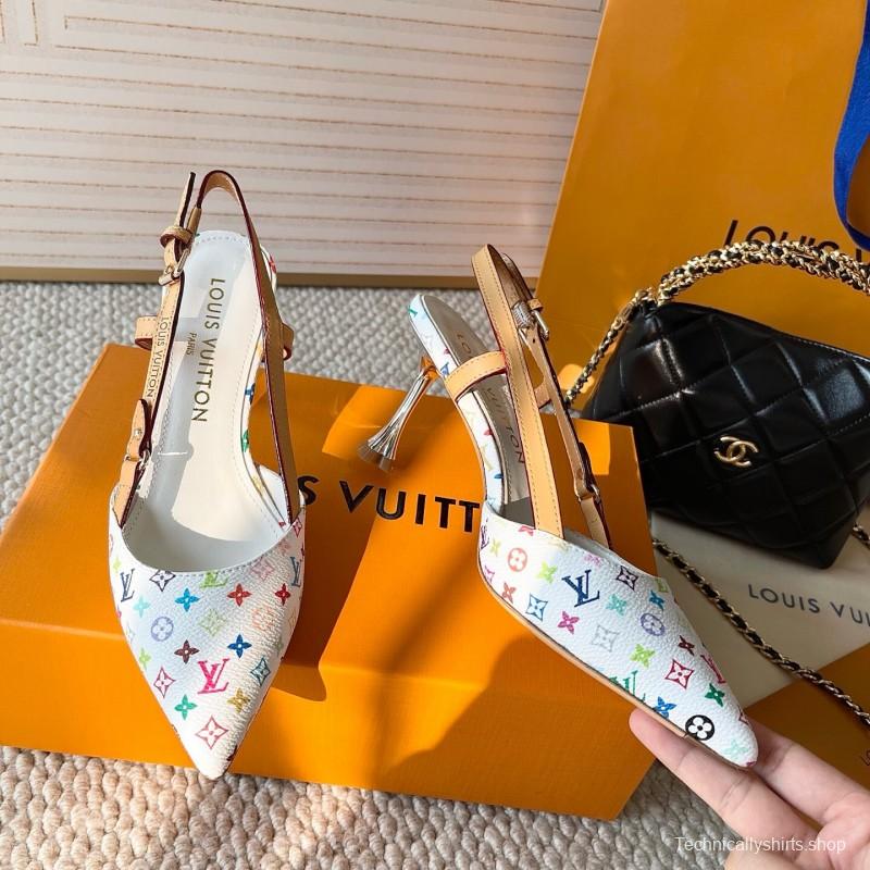 2025 Women Louis Vuitton White Multicolor Canvas Leather Slingback Pumps