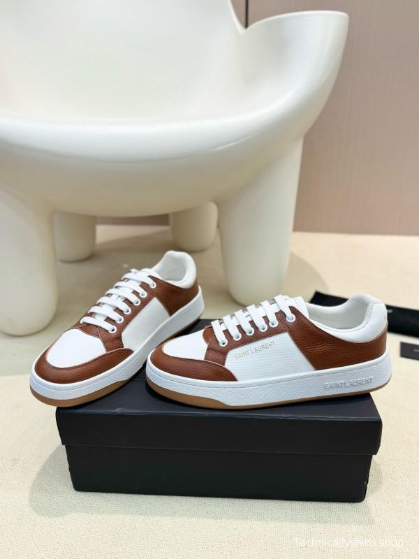 2024 Unisex Yves Saint Laurent White Brown Leather Canvas Sneakers MJ00350