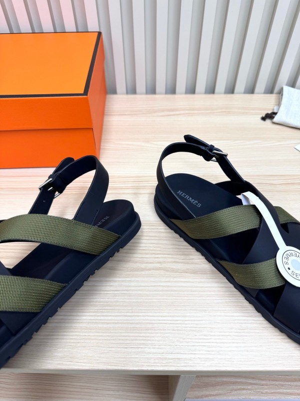 2025 Women Hermès Black Green Leather Nylon Sandals LY00270