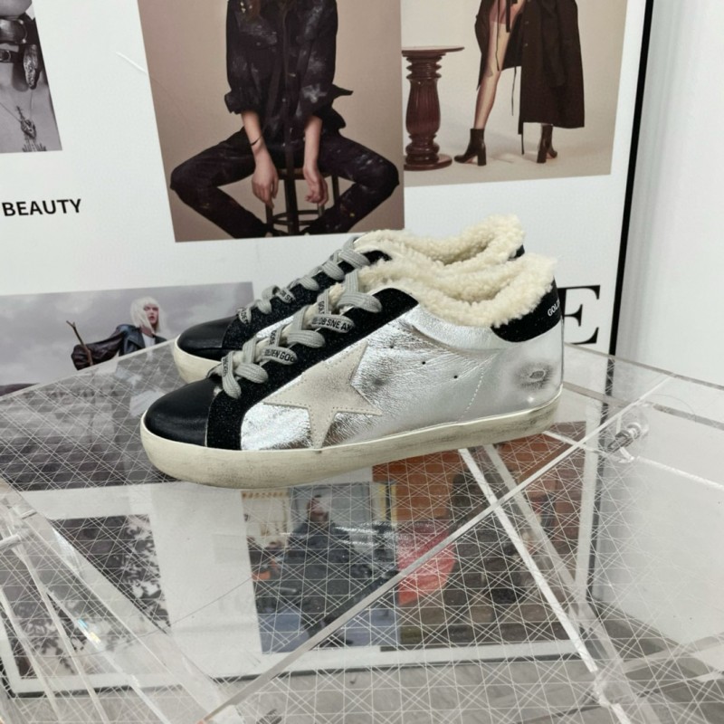 2025 Women GGDB Silver Black Leather Shearling Sneakers