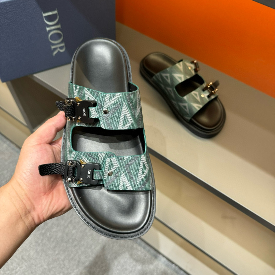 2024 Men's Dior Green Canvas Leather Slippers