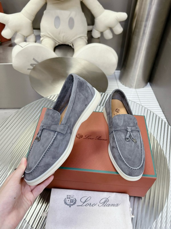 2024 Unisex Loro Piana Grey Suede Loafers MJ00270
