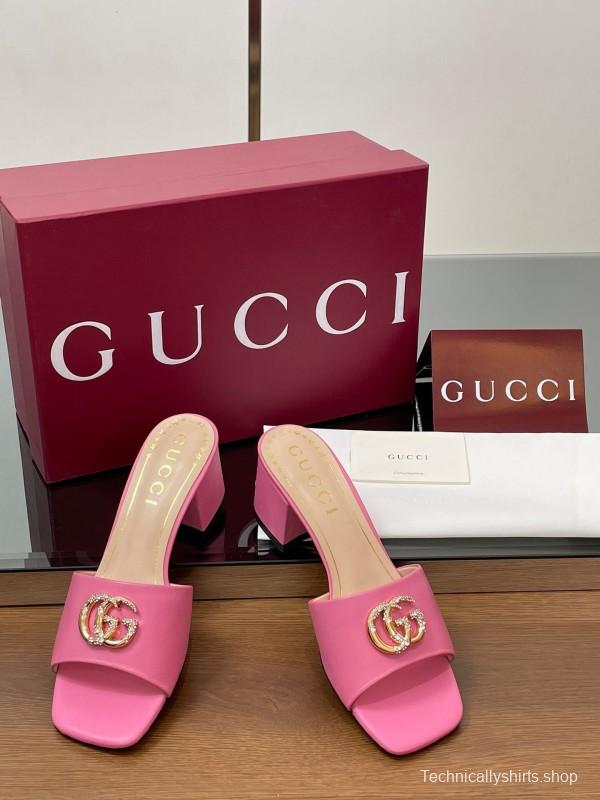 2025 Women Gucci Pink Lambskin Mid Heel Crystal GG Buckle Slide LY00280
