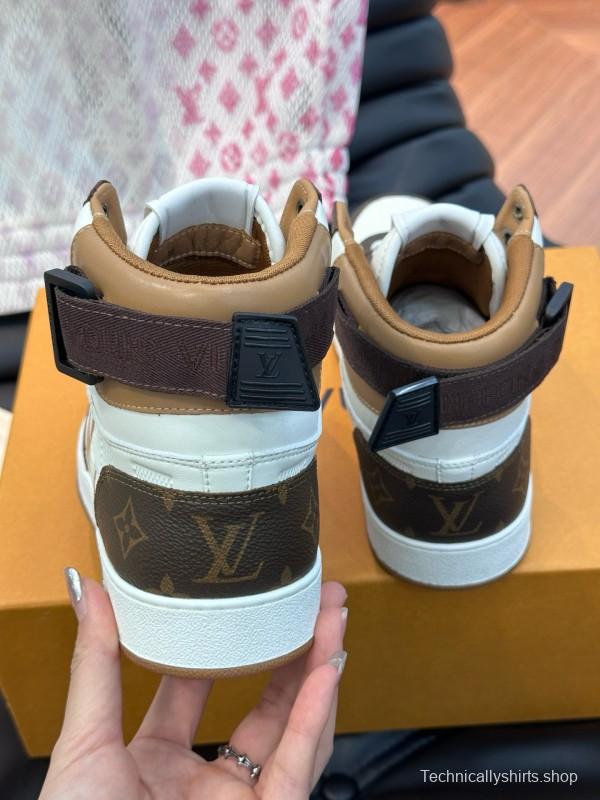 2024 Men Louis Vuitton White Brown Leather High Top Sneakers MJ00420