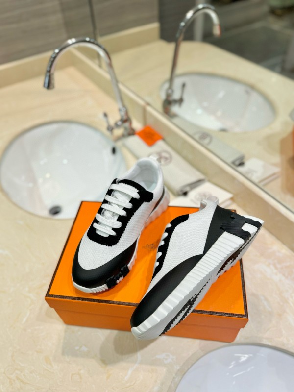 2024 Unisex Hermès Black White Silk Leather Mesh Sneakers MJ00320