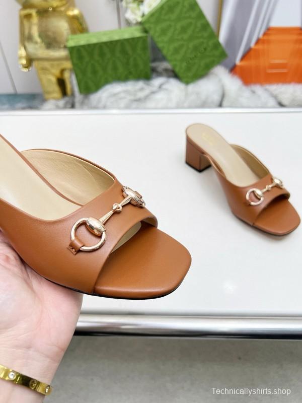 2025 Women Gucci Brown Leather Mules Classic Buckle MJ00180/215