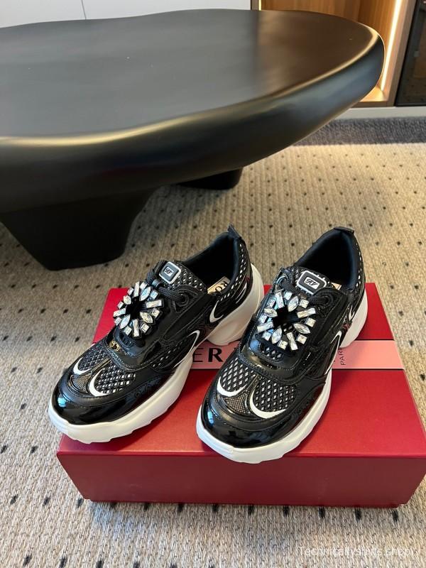 2025 Women Roger Vivier Black Leather Mesh Sneakers