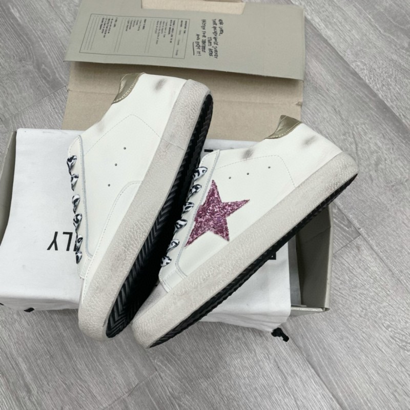 2025 Women GGDB White Pink Leather Sneakers Glitter Star