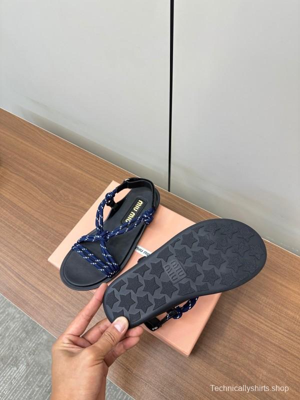 2025 Women Miu Miu Blue Black Leather Rope Sandals