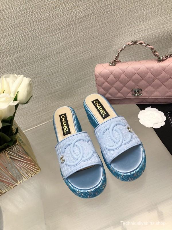 2025 Women Chanel Blue White Fabric Platform Slide Sandals LY00320