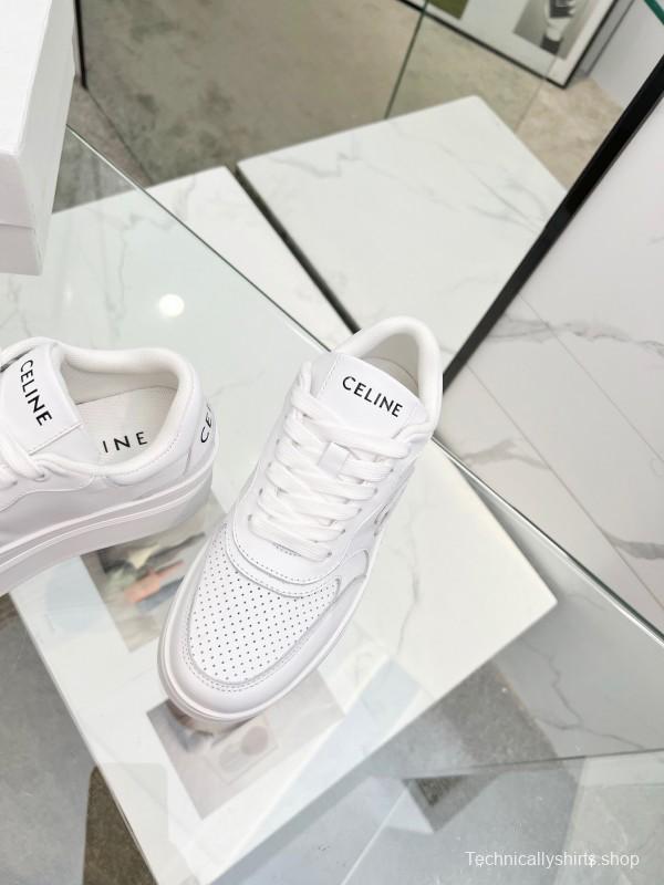 2025 Women Celine White Leather Platform Sneakers Embossed KFY00270